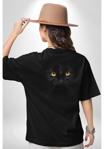 Siyah Kedi Pamuklu Unisex Oversize Sırt Dijital Baskılı Siyah T-shirt Siyah