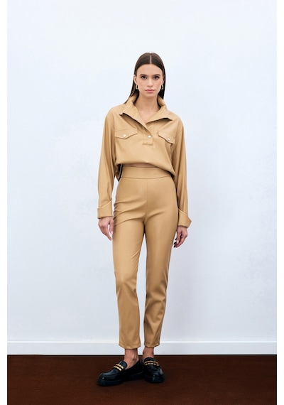 Sateen Yüksek Bel Deri Pantolon - Bej-135288 Bej