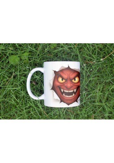 3d Görünümlü Şeytan Suratlı Kupa Bardak Kızıl Gözlü Korkutucu Halloween Temalı - Kabartmasız Beyaz