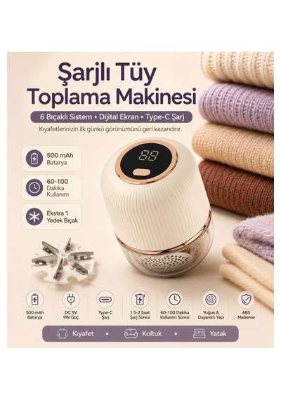 Şarjlı Tüy Toplama Makinesi 6 Bıçaklı Dijital Ekranlı