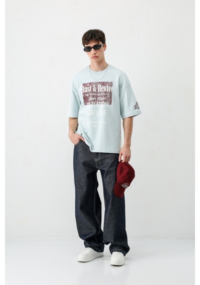 Vamos Oversize Baskılı Tişört V70-167 Bebe Mavi