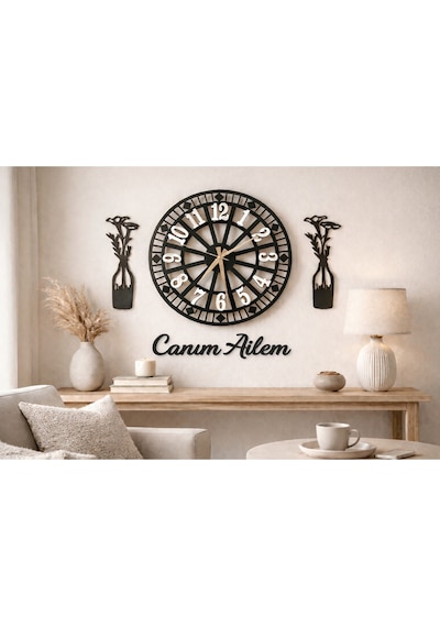 Salon Duvar Saati 40 Cm Çiçekler 30 Cm Canım Ailem Temalı No35 Çok Renkli