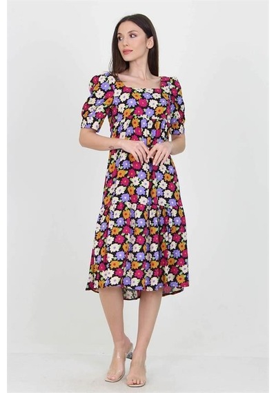 Dip Moda Kadın Kare Yaka Çiçek Desenli Viskon Elbise Dpnb10026 Lila