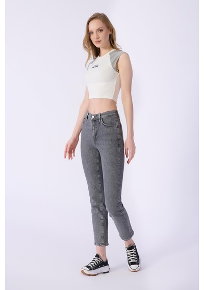 Claudia Mom Kalıp Düz Denim Pantolon-gri Gri