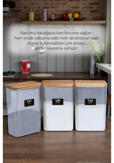 12 Li Ahşap Vakumlu Kapaklı Erzak Saklama Kavanozu Saklama Kabı Ve Kutusu 3 Litre Etiketli Şeffaf