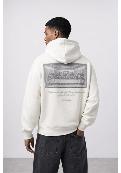 Respire Erkek Da Vinci Baskı Detaylı Oversize Hoodie Ekru