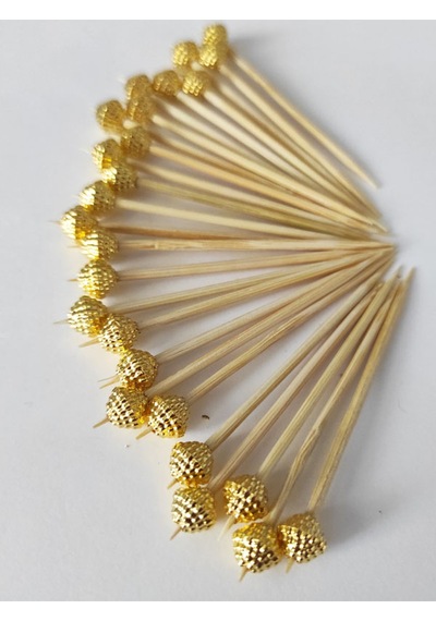 100 Adet Dekoratif Gold Böğürtlen Boncuklu Pasta Kürdanı Lokumluk 6,5 Cm - Boncuk 8 Mm