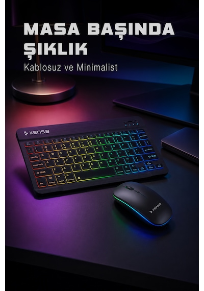 Tablet Ve Bilgisayar İçin Rgb Led Işıklı Taşınabilir Kablosuz Bluetooth Klavye Ve Dongle'lı Mouse Seti Siyah