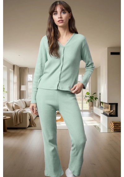 Ersefa Rahat Pijama Takımı Pamuklu Kaşkorse Örme Hırka Ve Pantolon Mükem Mint