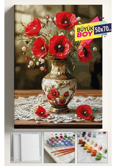 Sayılarla Boyama Seti Numaralı Tuval Fırça Boya Dahil Kasnaklı Set 50x70 Cm - Dantel Vazo
