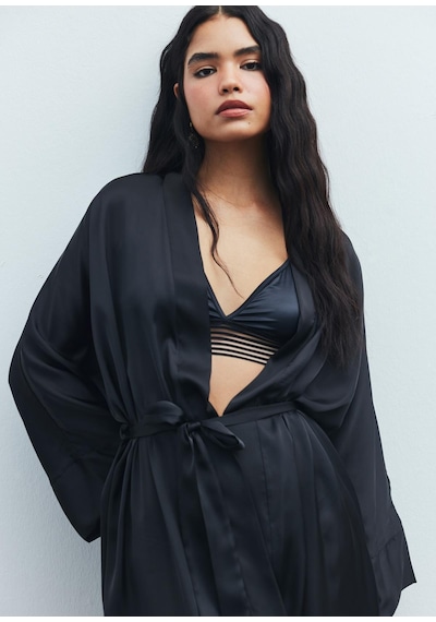 Frappant Siyah Uzun Saten Sabahlık / Kimono Siyah
