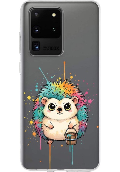 Samsung Galaxy S20 Ultra İle Uyumlu Splash Kirpi Tasarımlı Şeffaf Silikon Kılıf Şeffaf