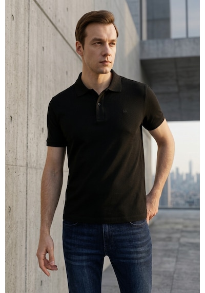 Süvari Slim Fit Düz Baskısız Pike Düğmeli Polo Yaka Nefes Alabilen T-shirt Siyah