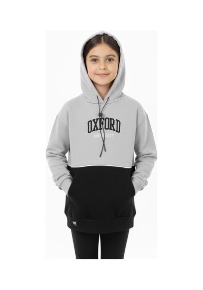 Kapşonlu Oxford Baskılı Kanguru Cepli Kız Çocuk Sweatshirt-90862 Gri