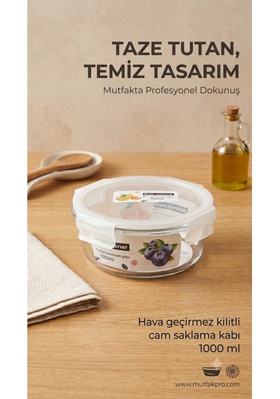 Çemi 3'lü Kilitli Yuvarlak Cam Saklama Kabı Seti Hava Geçirmez Saklama Kabı