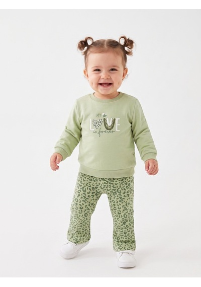 HelloBaby Pamuklu Kalp Detaylı 2li Kız Bebek Takım Yeşil Yesil