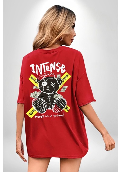 Geçilmez Bölge Kırmızı Oversize Unisex Ön Ve Sırt Baskılı Tişört Kırmızı