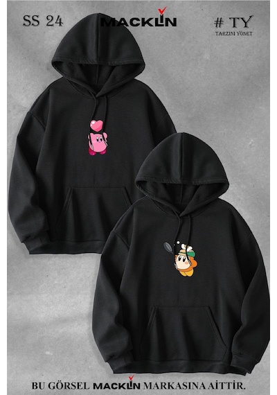 Macklin Sevgili Çift Kombini Kirby Ve Waddle De Baskılı Özel Tasarım Kapüşonlu Sweatshirt 2li Set Takım Siyah Mck0731 Siyah