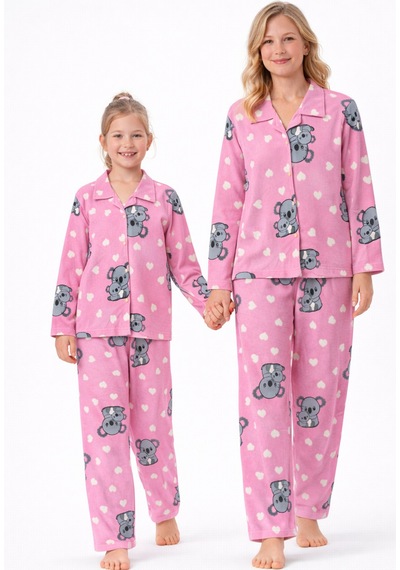 Free Beka Pembe Koala Desenli Uzun Kollu Önden Düğmeli Gömlek Yaka Anne Kız Pijama Takımı Kombin