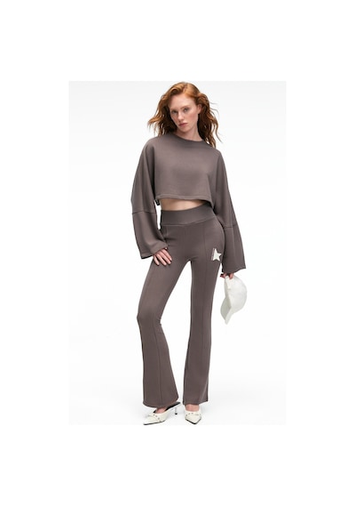 Grimelange ANOUK Kadın Pamuklu Baskı Ve Patch Detaylı Bisiklet Yaka Crop Antrasit Sweatshirt