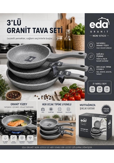 Eda Stone Gri Granit Döküm 3'lü Tava Seti 20-24-28 Cm Zk-921