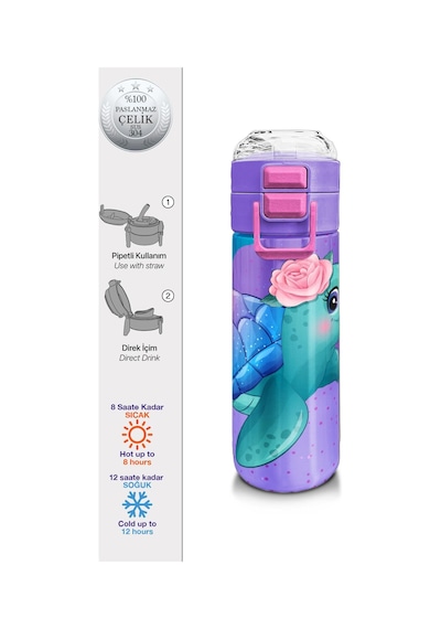 Coral High Kids Açık Pembe Mavi Kaplumbağa Desenli Pipetli Ve Direkt İçim Çelik Termos 500 Ml 31808 Pastel Pembe