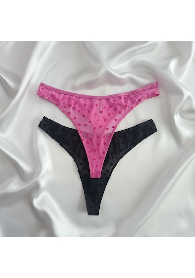 Bonbon Kadın Transparan Kalp Figürlü 2'li Paket String Bb2177 Fuşya - Siyah
