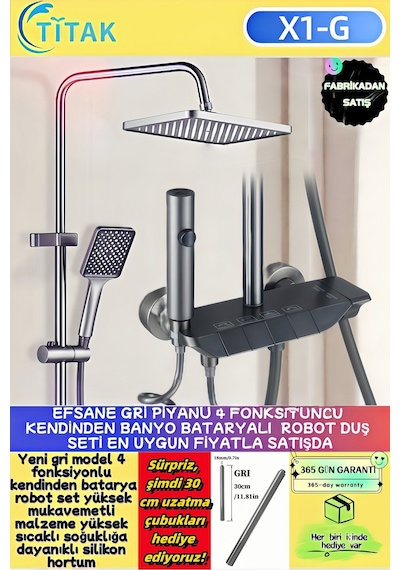 Piano 5 Fonksiyonlu Kendinden Banyo Bataryalı Dijital Akıllı Robot Duş Seti Tepe Duş Seti Gri