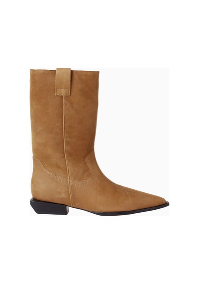Schutz Ashley 30 Kahverengi Deri Western Topstitch, Düşük Blok Topuklu Lüks Bot