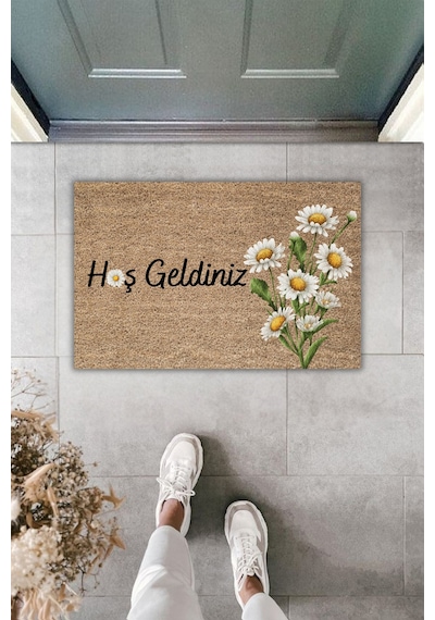 Rugmood Modern Dijtal Baskı Hoşgeldiniz Papatyalı Kapı Önü Paspası Çok Renkli