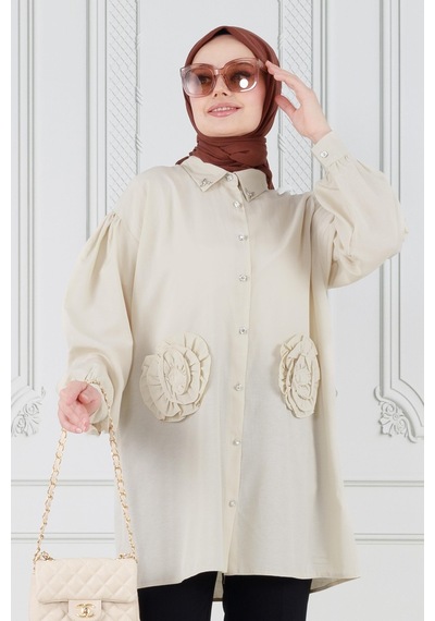 Sevitli Önü Gül Detaylı Tunik-bej-3630-bej Bej