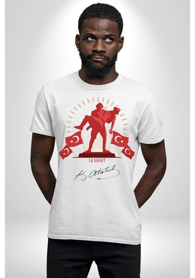 18 Mart Çanakkale Atatürk İmzası Unisex Unisex Beyaz Organik Baskılı T-shirt Penye Yüksek Kalite Beyaz