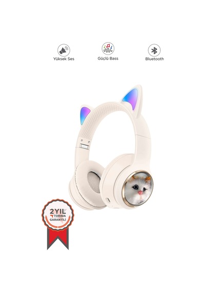 Hd11 Beyaz Sevimli Kedi Karükatür Kulak Led Işıklı 5.3 Bluetooth Kulak Üstü Kulaklık