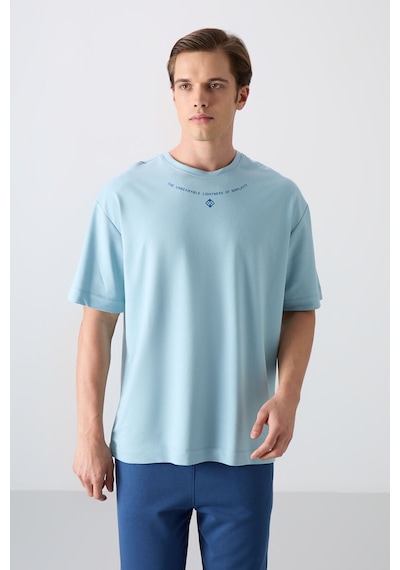Tommy Life Açık Mavi Pamuklu Kalın Yumuşak Dokulu Oversize Fit Baskılı Erkek T-shirt - 88343 Açik Mavi