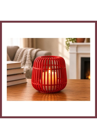 Storeşahin 3d Baskı Modern Kafes Tasarımlı Dekoratif Mumluk - Tealight Mumluk, Masaüstü Ev Ve Ofis Dekoru-kırmızı Shn0720