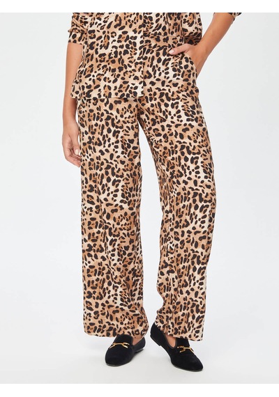Faik Sönmez Leopar Desen Wide Leg Fit Viskon Pantolon 69496 U6949635 Camel
