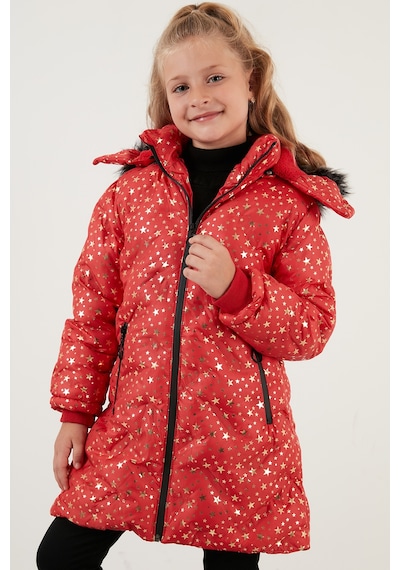 Lela Yakası Suni Kürklü Yıldız Desenli Çıkarılabilir Kapüşonlu Peluş Astarlı Kışlık Kız Çocuk Mont 5760050 Kırmızı