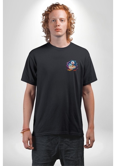 Sevimli Bebek Ejderha Elmas Yumurta Siyah Oversize Unisex Ön Sol Yan Minimal Baskılı Tişört Koyu Siyah