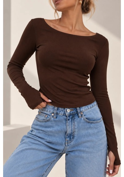 Bb Butik Basic Soft Touch Parmak Geçmeli Kayık Yaka Bluz Mdk35 kahverengi