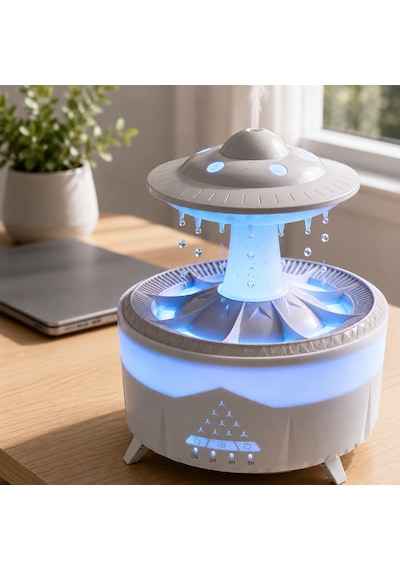 Dekoratif Ufo Hava Nemlendirici Simüle Yağmur Damlalı Renkli Gece Işıklı 350 Ml