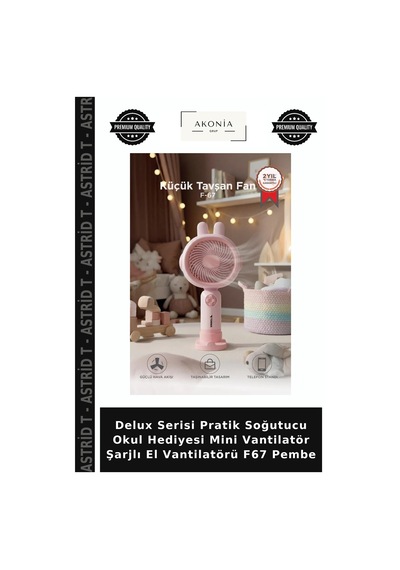 Delux Serisi Pratik Soğutucu Okul Hediyesi Mini Vantilatör Şarjlı El Vantilatörü F67 Pembe