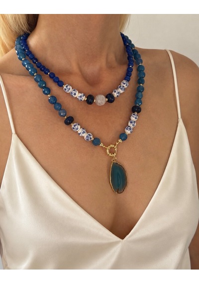 El Yapımı Mavi Kalsedon, Lapis Lazuli & Akik Doğal Taşlı Kolye Seti