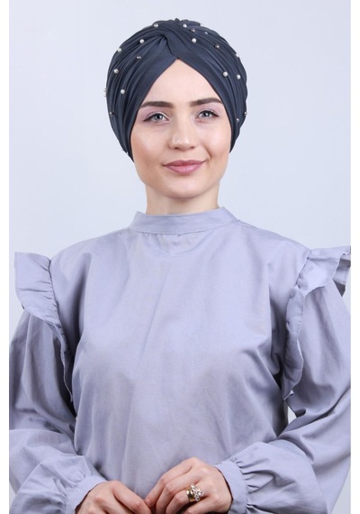 Melodi Scarf Kadın Tesettür İncili Taşlı Vera Dış Bone Koyu Gri Koyu Gri