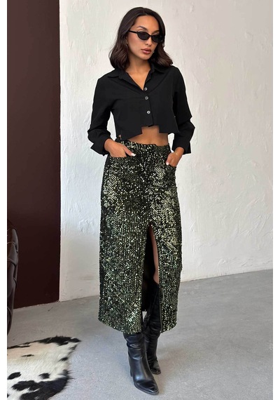 Verymoda Pullu Kadife Uzun Etek F2053 Haki