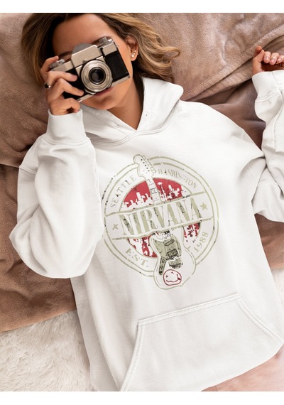 Sevbano Nirvana Rock Metal Baskılı Unisex Oversize Müzik Grubu Hoodie beyaz