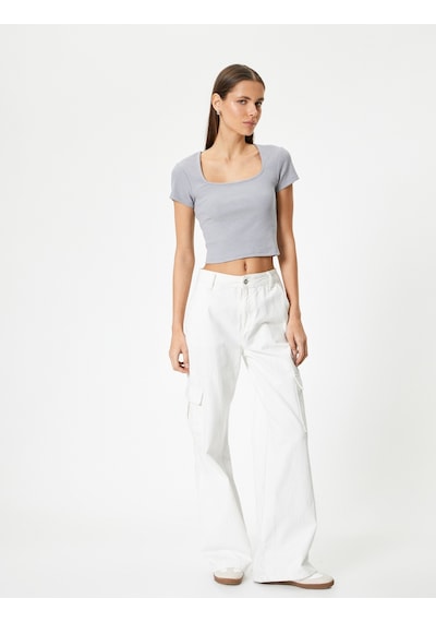 Koton Sırt Dekolteli Tişört Crop Kısa Kollu Fitilli Slim Fit Gri 4sal10804ık Gri