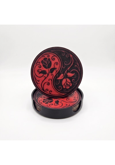 Riti Design - Yin Yang Gül - 3d Tasarım 4'lü Bardak Altlığı Seti