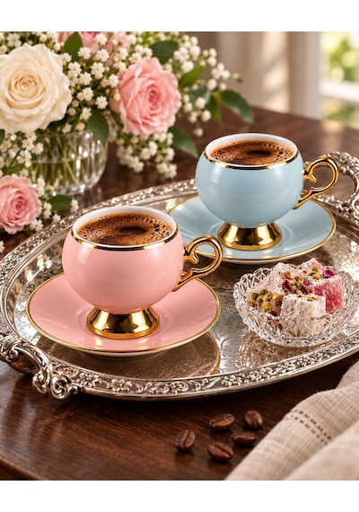Valkyrie Pastelia Serisi 12 Parça 6 Kişilik Pastel Renkli Gold Ayaklı Türk Kahvesi Fincan Takımı çok renkli