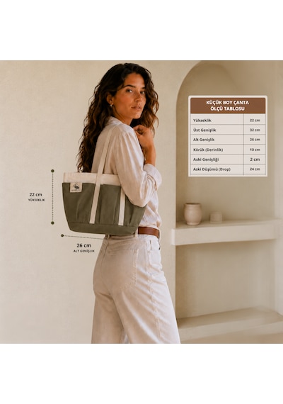 Bordglow Novaglow Design Serisi Küçük Boy - Siyah - Premium Kanvas Çanta - Tote Bag 9 Cep - Fermuarlı 32x22x10 Cm haki