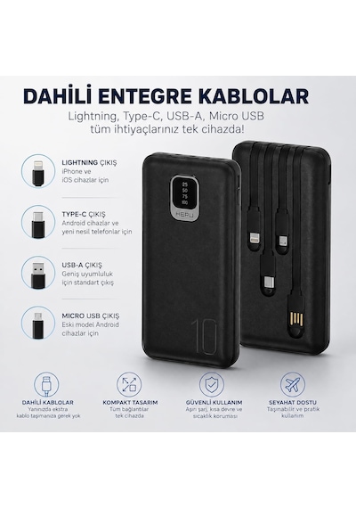 Hp-tp01s Titan Series 10.000 Mah Dahili Entegre Kablolu Hızlı Şarj Powerbank Quick Charge 3.0 Dijital Led Göstergeli Taşınabilir Şarj Cihazı Siyah
